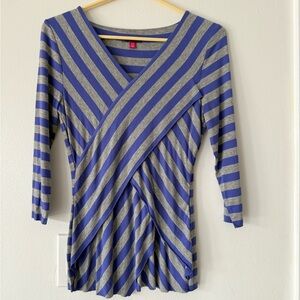 Vince Camuto Blue and Gray Striped V-Neck Blouse